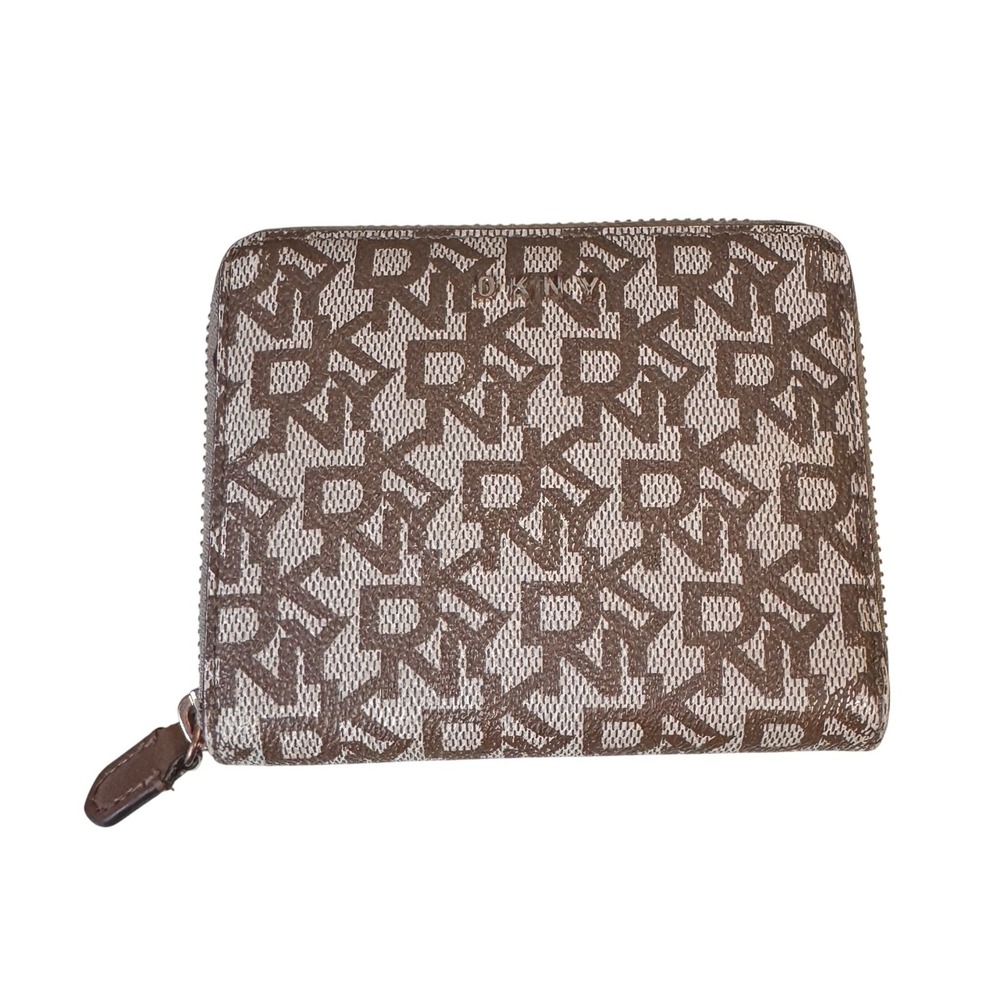 DKNY‎ Brown Monogram Logo Small Zip Around Wallet Gold Tone Hardware Designer